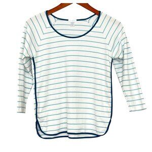 Lake Women's Pajama Top T-Shirt White Blue Stripe Teal Trim 3/4 Sleeve Size XXS